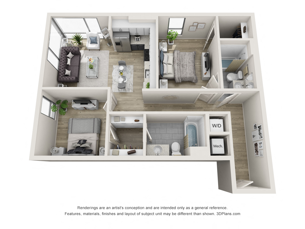 Floor plan for 2 beds, 2 baths, 940 sqft